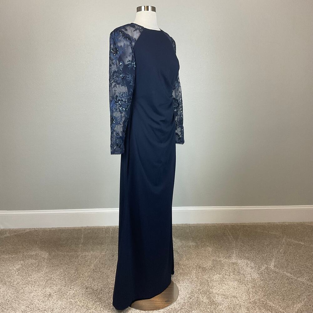 Eliza J Blue Evening Gown Sequined Lace Long Sleeve A-Line Formal Dress Size 14 - Picture 4 of 12